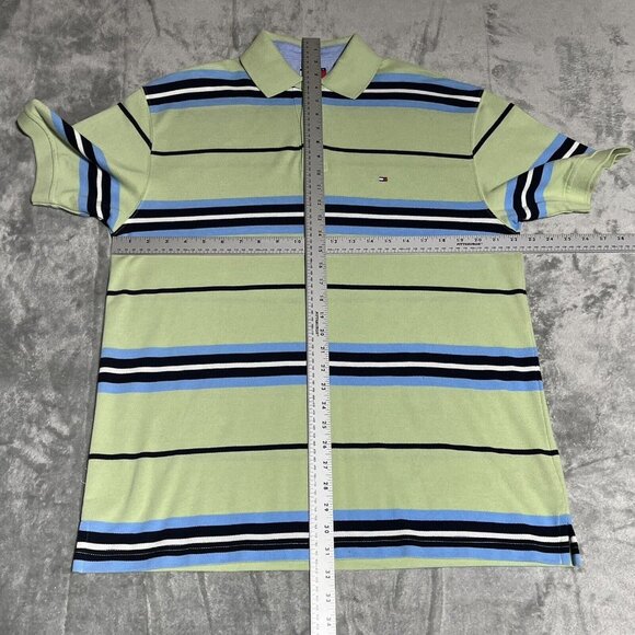 Tommy Hilfiger Polo Shirt Mens Medium Blue Green Striped Rugby Short Sleeve Golf - Picture 8 of 12